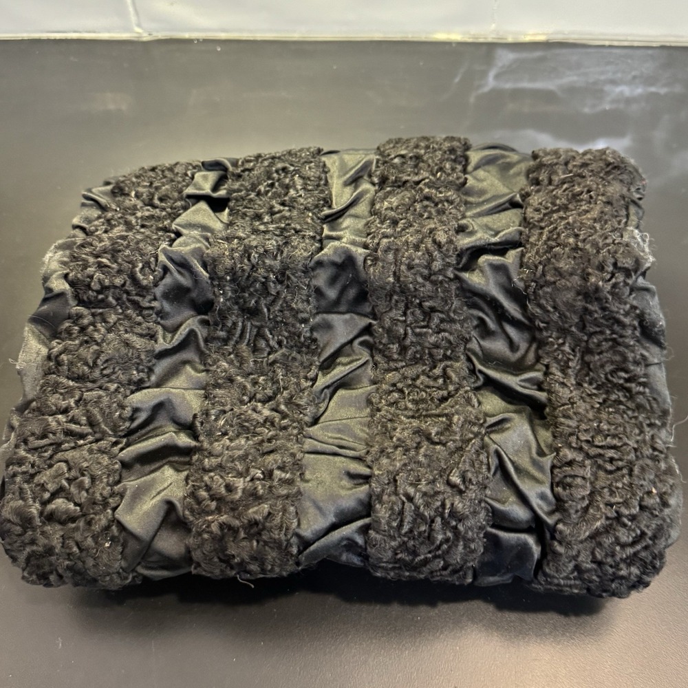 Vintage 1950s Persian Satin Black Lamb Fur Curly Hand Muff with Zipper Pocket